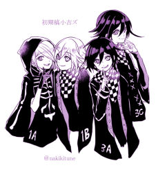 Rule 34 | 4boys, buttons, checkered clothes, checkered scarf, danganronpa (series), danganronpa v3: killing harmony, gloves, grin, hood, hoodie, jacket, long sleeves, looking at viewer, male focus, monochrome, multiple boys, oma kokichi, scarf, short hair, simple background, smile, straitjacket, tadano mya, white background