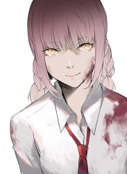 Rule 34 | 1girl, blood, blood on clothes, blood on face, braid, braided ponytail, chainsaw man, closed mouth, collared shirt, dress shirt, formal, highres, looking at viewer, loose necktie, makima (chainsaw man), necktie, neckwear request, office lady, pink hair, red neckwear, ringed eyes, shirt, sidelocks, smile, suit, white background, white shirt, yamiiv, yellow eyes