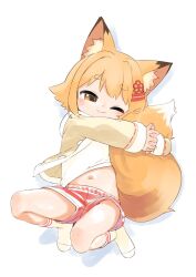 Rule 34 | 1girl, animal ear fluff, animal ears, blonde hair, borrowed character, brown eyes, cardigan, fang, fox ears, fox girl, fox tail, hair ornament, hairclip, highres, hugging own tail, hugging tail, navel, one eye closed, original, own hands clasped, own hands together, red shorts, satsuyo, short shorts, shorts, skin fang, smile, socks, solo, tail