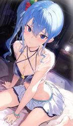 Rule 34 | 1girl, :/, :t, alternate breast size, bare shoulders, barefoot, bead bracelet, beads, bedroom, belt, bikini, blue bikini, blue eyes, blue hair, blush, bracelet, breasts, choker, cleavage, collarbone, commentary request, gold necklace, hair between eyes, hair ornament, highres, hololive, hoshimachi suisei, indoors, jewelry, kakage, lamp, lens flare, long hair, looking at viewer, medium breasts, miniskirt, necklace, on bed, pout, revision, see-through, side ponytail, sidelocks, sitting, skirt, solo, star (symbol), star in eye, swimsuit, symbol in eye, thighs, virtual youtuber, wariza, wavy hair, white skirt