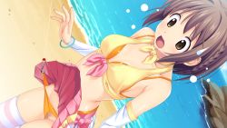 Rule 34 | 10s, 1girl, assisted exposure, beach, bikini, bikini under clothes, bow, bracelet, braid, breasts, brown eyes, brown hair, censored, cleavage, clothes lift, cowboy shot, crop top, day, detached sleeves, dutch angle, fishing hook, fishing line, front-tie top, game cg, highres, jewelry, kitami minamo, koutaro, looking down, medium breasts, mosaic censoring, open mouth, panties, pleated skirt, pussy, ribbon, shiny skin, short hair, skindentation, skirt, skirt lift, solo, striped clothes, striped thighhighs, sweatdrop, swimsuit, swimsuit under clothes, thighhighs, tropical kiss, tropical vacation, twinkle (company), underwear, yellow panties