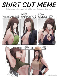 Rule 34 | 1girl, absurdres, apron, armpits, arms behind back, arms behind head, assault rifle, bare shoulders, black shirt, blush, breasts, brown eyes, brown hair, brown jacket, cleavage, closed mouth, collarbone, commentary, crop top, dress, english commentary, english text, from side, girls&#039; frontline, green apron, green shirt, gun, highres, holding, holding gun, holding weapon, jacket, light smile, long hair, looking at viewer, looking away, m4 carbine, m4a1 (girls&#039; frontline), medium breasts, meme, multicolored hair, multiple drawing challenge, naked apron, navel, open clothes, open jacket, open mouth, open shirt, presenting armpit, purple dress, redaiba, rifle, shirt, shirt cut meme, sideboob, solo, stomach, streaked hair, sweat, twitter username, underboob, upper body, weapon, yellow shirt