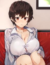 Rule 34 | 1girl, bad id, bad pixiv id, blouse, blush, breasts, brown hair, cleavage, commentary request, feet out of frame, hair between eyes, highres, idolmaster, idolmaster cinderella girls, indoors, knees up, large breasts, long sleeves, looking at viewer, oikawa shizuku, picture frame, red eyes, shirt, short hair, sitting, smile, solo, suminagashi, upper body, white shirt