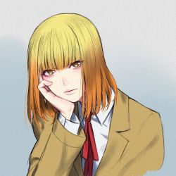 Rule 34 | 10s, 1girl, arm support, blonde hair, blunt bangs, brown hair, brown jacket, collared shirt, expressionless, grey background, hand on own cheek, hand on own face, jacket, looking at viewer, midorikawa hana, parted lips, prison school, red ribbon, ribbon, sakamoto mineji, school uniform, shirt, short hair, simple background, solo, upper body, white shirt