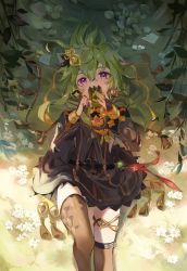 Rule 34 | 1girl, absurdres, belt, black belt, black dress, blush, bridal gauntlets, brown thighhighs, collei (genshin impact), commentary, dress, earrings, flower, genshin impact, green hair, hair between eyes, hair ornament, highres, holding, holding notepad, holding pen, jewelry, looking at viewer, lying, notepad, paper, pen, plant, purple eyes, solo, thighhighs, timo wei95, white flower, writing