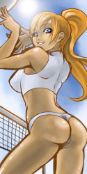 Rule 34 | 1girl, arched back, ass, ball, beach volleyball, blue eyes, day, from behind, from below, grin, looking back, naphy, orange hair, panties, ponytail, sky, smile, solo, sun, thong, underwear, volleyball, volleyball (object)