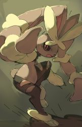 Rule 34 | black sclera, rabbit, colored sclera, commentary, creature, creatures (company), english commentary, fighting stance, full body, furry, game freak, gen 4 pokemon, grey background, looking at viewer, lopunny, mega lopunny, mega pokemon, nintendo, open mouth, pinkgermy, pokemon, pokemon (creature), red eyes, signature, simple background, solo, standing, standing on one leg