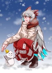Rule 34 | 1girl, blush, boots, brown footwear, closed mouth, commission, dated, fujiwara no mokou, highres, long hair, long sleeves, looking at viewer, pants, red eyes, red pants, red scarf, rhodium (rh), scarf, skeb commission, smile, snow, snowflakes, snowing, snowman, solo, squatting, touhou, twitter username, white hair
