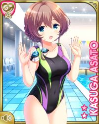 Rule 34 | 1girl, :o, asato kasuga, black one-piece swimsuit, blue eyes, brown hair, card, character name, collarbone, competition swimsuit, day, dress, girlfriend (kari), indoor pool, indoors, official art, one-piece swimsuit, open mouth, qp:flapper, red dress, shirt, short hair, solo, swim goggles, swimsuit, tagme