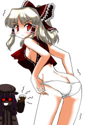 Rule 34 | 2girls, alternate color, ass, back, blush, bow, butt crack, colorized, crescent, female focus, from behind, hair bow, hair tubes, hakurei reimu, hat, highres, looking at viewer, looking back, m.u.g.e.n, maga-reimu, mono (moiky), multiple girls, no pants, panties, panty pull, patchouli knowledge, purple hair, red eyes, sleeveless, spii (esupi2), standing, sweatdrop, touhou, trembling, underwear, white hair, white panties