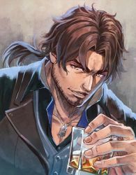Rule 34 | 1boy, beard, belmond banderas, black shirt, brown hair, brown vest, collared shirt, commentary request, cup, drink, drinking glass, facial hair, hand up, highres, holding, holding cup, ice, ice cube, long hair, looking at viewer, low ponytail, male focus, nijisanji, parted bangs, parted lips, ponytail, sakino shingetsu, shirt, solo, thick eyebrows, upper body, vest, virtual youtuber, yellow eyes