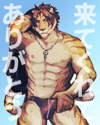 Rule 34 | 1boy, abs, absurdres, adjusting clothes, adjusting swimsuit, aoi (husiginokuninoa), bara, bulge, cowboy shot, crotch grab, furry, furry male, highres, holding, holding clothes, holding jacket, jacket, large pectorals, male focus, male swimwear, mature male, muscular, muscular male, muted color, navel, necklace between pecs, nipples, nomad (housamo), orange fur, pectorals, short hair, solo, standing, stomach, swim briefs, swimsuit, thighs, tiger boy, tokyo houkago summoners, topless male, translation request, unworn jacket