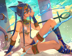 Rule 34 | 1girl, ahoge, amulet, animal ears, bastet (mythology), bikini, blue eyes, blue hair, blue nails, breasts, bridal gauntlets, cat ears, cat tail, cleavage, cloud, column, commentary, dark-skinned female, dark skin, egyptian clothes, jewelry, licking, licking hand, light particles, long hair, looking at viewer, magic, medium breasts, midriff, nagasawa tougo, nail polish, navel, original, pillar, sideboob, sidelocks, sky, solo, swimsuit, tail, tail ornament, tan, thighlet, tiara, toe ring, twintails, twitter username
