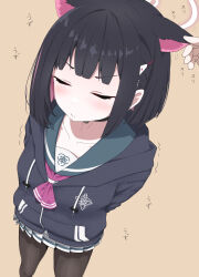 Rule 34 | 1girl, animal ears, arms behind back, black hair, black jacket, black pantyhose, blue archive, brown background, cat ears, closed eyes, closed mouth, colored inner hair, ear fondling, extra ears, hair ornament, hairclip, halo, highres, jacket, kazusa (blue archive), multicolored hair, pantyhose, pink hair, pleated skirt, short hair, simple background, skirt, solo focus, standing, unamaso, white skirt