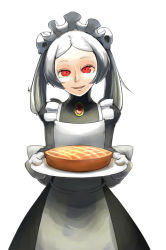 Rule 34 | 1girl, 2017, apron, bloody marie (skullgirls), brooch, cowboy shot, food, glowing, glowing eyes, grey hair, hair ornament, jewelry, kurokuro (pmnovel), looking at viewer, maid headdress, open mouth, oven mitts, pie, plate, red eyes, skull hair ornament, skullgirls, smile, solo, twintails