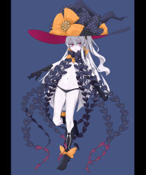 Rule 34 | 1girl, abigail williams (fate), abigail williams (fate) (cosplay), abigail williams (third ascension) (fate), absurdres, black bow, black gloves, black hat, black panties, black socks, blue background, blush, bow, cosplay, elbow gloves, fate/grand order, fate (series), girls&#039; frontline, gloves, groin, hair between eyes, hair ornament, hat, highres, kaiven banzhang, kneehighs, long hair, looking at viewer, navel, one side up, orange bow, pale skin, panties, parted lips, pillarboxed, polka dot, polka dot bow, purple eyes, revealing clothes, scar, scar across eye, scar on face, silver hair, skull print, socks, solo, topless, ump45 (girls&#039; frontline), underwear, very long hair, witch hat