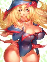 Rule 34 | 1girl, adapted costume, alternate breast size, bare legs, blonde hair, blue hat, blue leotard, blush stickers, breasts, cleavage, cowboy shot, curvy, dark magician girl, detached collar, fumio (rsqkr), green eyes, hair between eyes, hat, highleg, highleg leotard, highres, large breasts, leotard, long hair, magical girl, open mouth, shiny skin, skirt, solo, thighs, very long hair, wide hips, yu-gi-oh!
