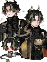 Rule 34 | 1boy, arknights, black coat, black hair, blush, carving, chibi, chong yue (arknights), choshanland plushy (arknights), closed mouth, coat, cropped torso, cup, dragon boy, dragon horns, dragon tail, drunk, earrings, fang, fang out, green eyes, grey hair, hand up, hands up, highres, holding, holding cup, horns, jewelry, long hair, long sleeves, looking at object, low ponytail, male focus, multicolored eyes, multicolored hair, multiple views, nine5895254196, pointy ears, pottery, red eyes, rerebrace, simple background, single sleeve, slit pupils, squeans, streaked hair, tail, upper body, white background, wide sleeves, wood carving tool