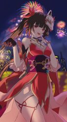 Rule 34 | 1girl, :d, bell, black choker, black gloves, bow, brown hair, building, choker, cowboy shot, criss-cross halter, dress, fireworks, fox mask, gloves, hair bow, halterneck, highres, holding, holding fireworks, honkai: star rail, honkai (series), legs apart, looking at viewer, mask, mask on head, nail polish, neck bell, night, o-ring, obi, open mouth, outdoors, pelvic curtain, pink eyes, red bow, red dress, red nails, sash, short dress, single glove, sleeveless, sleeveless dress, smile, solo, sparkle (honkai: star rail), sparkler, teeth, thighs, twintails, upper teeth only, v over mouth, xia 0328