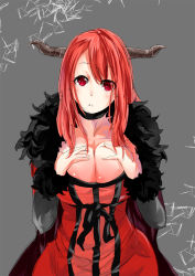 Rule 34 | 10s, 1girl, blush, breast suppress, breasts, brown hair, choker, cleavage, demon girl, dress, fur trim, highres, horns, large breasts, long hair, looking at viewer, maou (maoyuu), maoyuu maou yuusha, red eyes, red hair, s040784, solo