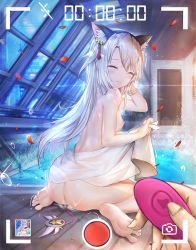 Rule 34 | 1girl, animal ears, ass, barefoot, bell, blush, breasts, camera, cat ears, fate/kaleid liner prisma illya, fate (series), feet, hair between eyes, hair ribbon, illyasviel von einzbern, long hair, looking at viewer, looking back, luminous, magical ruby, phone, pool, pussy juice, recording, red eyes, red ribbon, rei no pool, ribbon, sex toy, sitting, small breasts, soles, solo focus, swimsuit, thighs, vibrator, wariza, white hair