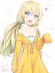 Rule 34 | 10s, 1girl, 2016, bad id, bad pixiv id, bare shoulders, blonde hair, blue eyes, blush, breasts, collarbone, dated, dress, eyebrows, flat chest, hair between eyes, hands in opposite sleeves, idol connect, kanzaki muyu, long hair, long sleeves, looking at viewer, low twintails, nipple slip, nipples, off shoulder, open mouth, original, simple background, sleeves past wrists, small breasts, smile, solo, twintails, yellow dress, yuzuki miyu