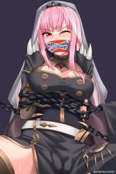 Rule 34 | 1girl, bdsm, blunt bangs, blush, bondage, bound, breasts, chain, gag, gagged, glaring, highres, hololive, hololive english, improvised gag, large breasts, looking at viewer, medium breasts, mori calliope, one eye closed, pink eyes, pink hair, restrained, seraphim throne, solo, tape, tape gag, thighs, twitter username, virtual youtuber