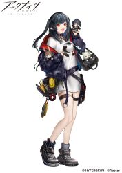 Rule 34 | amiya (arknights), animal ears, arknights, bag, black footwear, black hair, black jacket, black socks, bright pupils, brown hair, c:, cat ears, character doll, closure (arknights), commentary request, company name, copyright name, copyright notice, doll, dress, full body, gawako, green hair, highres, holding, holding doll, jacket, kal&#039;tsit (arknights), looking at viewer, medium dress, official art, open mouth, pointy ears, rabbit ears, recruitment bag (arknights), red eyes, red jacket, shoes, side ponytail, simple background, smile, sneakers, socks, thigh strap, two-sided fabric, two-sided jacket, white background, white dress, white pupils
