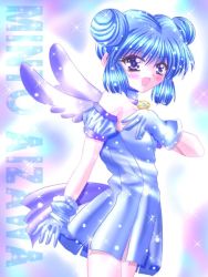 Rule 34 | 00s, 1girl, :d, aizawa mint, arm garter, bare shoulders, bird tail, bird wings, blue eyes, blue gloves, blue hair, blush, character name, choker, double bun, gloves, jewelry, leotard, magical girl, matching hair/eyes, mew mint, open mouth, pendant, smile, solo, sparkle, tail, tokyo mew mew, wings