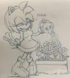 Rule 34 | 1girl, amy rose, boots, breasts, closed eyes, dress, flower, furry, furry female, hairband, highres, mana ita, nipples, sega, sketch, smile, sonic (series), traditional media