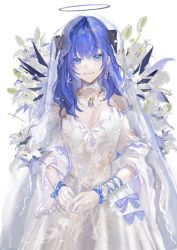 Rule 34 | 1girl, absurdres, all fours, arknights, bare shoulders, blue eyes, blue hair, blue ribbon, breasts, bridal veil, cleavage, closed mouth, cowboy shot, demon horns, detached sleeves, detached wings, dress, earrings, elbow gloves, energy wings, gloves, halo, highres, horns, jewelry, liangban xiexu, long hair, long sleeves, looking at viewer, mostima (arknights), necklace, own hands together, ribbon, see-through, sketch, small breasts, smile, solo, veil, wedding dress, white dress, white gloves, wide sleeves, wings, wrist ribbon