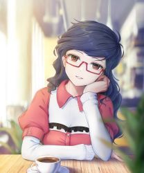 Rule 34 | 1girl, artist self-insert, black eyes, blue hair, blurry, buttons, cafe, coffee, coffee mug, collared dress, cup, depth of field, dress, drink, elbow rest, frills, glasses, hand on own cheek, hand on own face, head rest, highres, indoors, layered sleeves, long hair, long sleeves, looking at viewer, mug, original, parted lips, pink dress, plant, puffy short sleeves, puffy sleeves, saucer, self-portrait, semi-rimless eyewear, short sleeves, sitting, smile, solo, symbol-only commentary, table, upper body, wavy hair, wooden table, yellow eyes, yuriniel