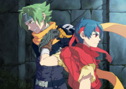 Rule 34 | 2boys, ahoge, angry, belt, blue hair, bodysuit, fang, fist bump, frown, gloves, green hair, headband, kei (inu no ura), male focus, messy hair, multiple boys, red eyes, rody roughnight, scarf, shirt, short hair, smile, upper body, vest, wild arms, wild arms 1, yellow eyes, zed (wild arms)