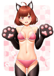 Rule 34 | 1girl, :d, ahoge, animal ears, animal hands, bare shoulders, bikini, black gloves, black thighhighs, blunt bangs, blush, breasts, brown hair, cat ears, collarbone, cowboy shot, elbow gloves, fur, gloves, gluteal fold, gradient background, groin, halterneck, highres, kasukabe haru, looking at viewer, medium breasts, navel, open mouth, paw gloves, paw print, paw print background, pink bikini, red eyes, round teeth, short hair, sin-go, smile, solo, standing, stomach, swimsuit, tareme, teeth, thighhighs, tokyo 7th sisters, underboob, w arms