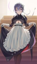 Rule 34 | 1girl, absurdres, apron, azur lane, bellona (armed to clean) (azur lane), bellona (azur lane), belt, breasts, closed mouth, clothes lift, clothing cutout, commission, dress, feet out of frame, gloves, grey hair, hair between eyes, highres, indoors, large breasts, long dress, looking at viewer, maid, maid headdress, pantyhose, pixiv commission, purple eyes, purple pupils, ribbon, skirt, skirt lift, smile, solo, sora (men0105), stairs, stairwell, underboob, underboob cutout, waist apron, white gloves