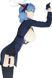 Rule 34 | 1girl, absurdres, ako (blue archive), bent over, black gloves, black hairband, black thighhighs, blue archive, blue dress, blue eyes, blue hair, blue halo, breasts, closed mouth, dokshuri, dress, earrings, from side, garter straps, gloves, hairband, halo, highres, jewelry, large breasts, long hair, long sleeves, pelvic curtain, pencil, shirt, sideboob, sideless outfit, sideless shirt, simple background, smile, solo, standing, thighhighs, thighs, white shirt