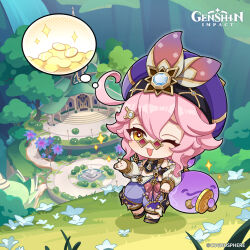 Rule 34 | 1girl, absurdres, black footwear, building, chibi, commentary, copyright name, crop top, detached sleeves, dori (genshin impact), dot nose, english commentary, flower, full body, gem, genshin impact, hair ornament, hat, highres, jewelry, long sleeves, looking at viewer, multiple rings, navel, official art, one eye closed, open mouth, outdoors, pants, pink-tinted eyewear, pink hair, puffy long sleeves, puffy sleeves, purple pants, raised eyebrows, ring, smile, sparkle, sunglasses, symbol-shaped pupils, thought bubble, tinted eyewear, tree, yellow eyes