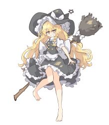Rule 34 | 1girl, absurdres, barefoot, black dress, black hat, blonde hair, bow, braid, broom, dress, frilled dress, frilled hat, frills, green eyes, hat, hat bow, highres, holding, holding broom, kirisame marisa, layered dress, leg up, long hair, looking at viewer, primsla, puffy short sleeves, puffy sleeves, short sleeves, simple background, smile, solo, standing, standing on one leg, touhou, very long hair, wavy hair, white background, witch hat
