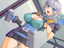 Rule 34 | 1girl, amano mitsurugi, armpits, black skirt, blue eyes, blue gloves, blush, braid, breasts, cleavage, cleavage cutout, clothing cutout, cup, female focus, from below, gloves, groin, hair intakes, hair ornament, hairclip, hands up, happy, highres, holding, holding cup, indoors, large breasts, legs, light blush, looking at viewer, nose blush, open mouth, panties, pantyshot, seolla schweizer, short hair, silver hair, single braid, skirt, smile, solo, standing, super robot wars, super robot wars original generation, thighs, underwear, waving