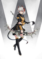 Rule 34 | 1girl, absurdres, ahoge, antennae, arknights, arrow (projectile), black footwear, black jacket, black scarf, black skirt, boots, bow (weapon), commentary, failnaught (weapon), fire emblem, fire emblem: three houses, full body, garreg mach monastery uniform, head tilt, heroes relic (fire emblem), highres, holding, holding arrow, holding bow (weapon), holding weapon, horns, jacket, long sleeves, looking at viewer, miniskirt, nintendo, parted lips, red eyes, scarf, short hair, silver hair, skirt, skirt set, smile, solo, tail, tao (t a o), w (arknights), weapon