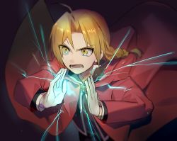 Rule 34 | 1boy, ahoge, blonde hair, braid, braided ponytail, cape, edward elric, electricity, floating hair, fullmetal alchemist, gloves, hair intakes, highres, hood, hood down, hooded, huyuharu0214, long hair, male focus, open mouth, ponytail, red cape, solo, white gloves, yellow eyes