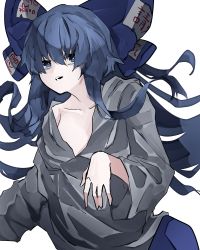 Rule 34 | 1girl, blue eyes, blue hair, blue skirt, bow, breasts, cleavage, collarbone, commentary request, cowboy shot, grey hoodie, hair between eyes, hair bow, highres, hood, hood down, hoodie, long hair, looking at viewer, open mouth, simple background, skirt, small breasts, solo, touhou, vivo (vivo sun 0222), white background, yorigami shion
