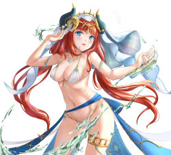 Rule 34 | 1girl, :d, absurdres, alternate costume, bikini, blue eyes, blush, bow, breasts, commentary request, cowboy shot, crop top, forehead jewel, gem, genshin impact, h yoruneko, hands up, highres, horns, jewelry, large breasts, long hair, looking at viewer, medium breasts, navel, nilou (genshin impact), open mouth, red hair, simple background, skirt, smile, solo, stomach, swimsuit, twintails, veil, water, white background, white bikini