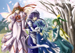 Rule 34 | 4girls, bare tree, blue dress, blue hair, bow, bowtie, brown hair, cherry blossoms, cirno, daiyousei, dress, fairy, fairy wings, female focus, from side, green dress, green hair, hug, ice, ice wings, letty whiterock, lily white, long hair, looking at viewer, multiple girls, outdoors, profile, puffy short sleeves, puffy sleeves, red bow, red bowtie, short sleeves, standing, touhou, tree, very long hair, wings, yorubehakiete tenohiragaeshi