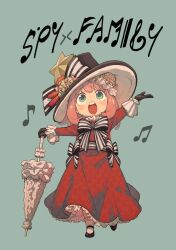 Rule 34 | 1girl, alternate costume, anya (spy x family), blue background, blush, bow, dress, endou tatsuya, english text, green eyes, hat, highres, holding, holding umbrella, music, musical note, official art, parasol, pink hair, red dress, shoes, singing, socks, solo, spy x family, umbrella
