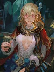 Rule 34 | 1girl, blonde hair, blush, breasts, cape, cleavage, closed mouth, cup, earrings, flower, genderswap, genderswap (mtf), genshin impact, hair flower, hair ornament, hairpin, highres, holding, holding cup, jewelry, kaveh (genshin impact), looking at viewer, medium breasts, multiple hairpins, niluhong, open clothes, open shirt, red cape, red eyes, shirt, smile, solo, white shirt