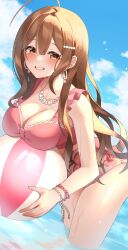 Rule 34 | 1girl, absurdres, ahoge, ball, beachball, blush, breasts, brown hair, camellia 90, casual one-piece swimsuit, cleavage, floral print, flower, flower necklace, grin, highres, holding, holding ball, holding beachball, huge ahoge, idolmaster, idolmaster shiny colors, jewelry, kuwayama chiyuki, large breasts, looking at viewer, necklace, one-piece swimsuit, outdoors, pink one-piece swimsuit, smile, solo, swimsuit, wading