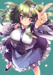 Rule 34 | 1girl, absurdres, bad id, bad pixiv id, blouse, blue footwear, blue skirt, blush, breasts, closed mouth, collared shirt, detached sleeves, frog hair ornament, from above, green background, green eyes, green hair, hair between eyes, hair ornament, hair tubes, highres, kochiya sanae, large breasts, long hair, long skirt, looking at viewer, looking up, mikama, pointing, shirt, skirt, sleeveless, sleeveless shirt, smile, snake hair ornament, socks, solo, star (symbol), starry background, touhou, white shirt, white socks