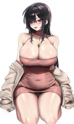 Rule 34 | 1girl, absurdres, bare shoulders, black hair, black panties, breasts, cardigan, choker, cleavage, commentary request, covered navel, dalman, dress, grey cardigan, halterneck, highres, jewelry, korean commentary, large breasts, long hair, looking at viewer, mixed-language commentary, mole, mole under eye, off shoulder, open mouth, original, panties, pencil dress, pendant, pink choker, pink dress, red eyes, seiza, simple background, sitting, sleeveless, sleeveless dress, solo, thighs, underwear, very long hair, white background