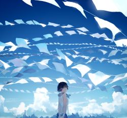 Rule 34 | 1girl, arms behind back, black hair, blue eyes, blue sky, blue theme, cloud, day, looking at viewer, looking back, original, see-through silhouette, short hair, sky, solo, spencer sais